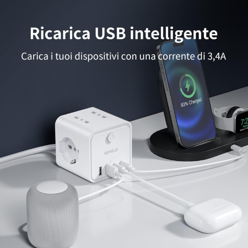 Ciabatta Compatta Multi‑Presa con USB e Cavo di 2 Metri