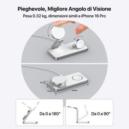 Stazione di Ricarica Wireless Magnetica 3‑in‑1 per Dispositivi Apple