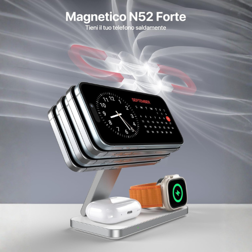 Stazione di Ricarica Wireless Magnetica 3‑in‑1 per Dispositivi Apple