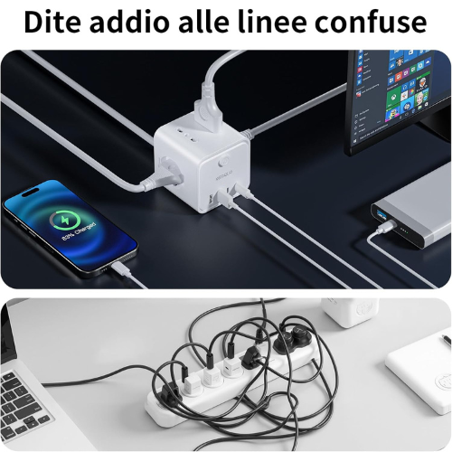 Ciabatta Compatta Multi‑Presa con USB e Cavo di 2 Metri