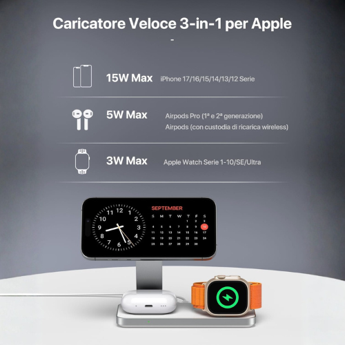 Stazione di Ricarica Wireless Magnetica 3‑in‑1 per Dispositivi Apple
