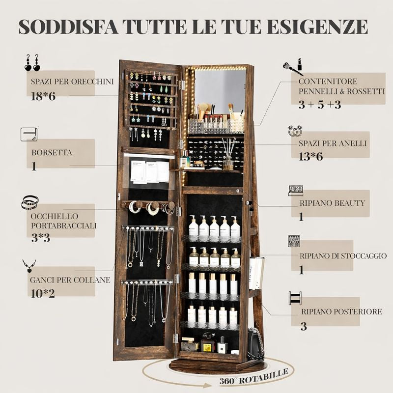 Mobile portagioie da terra con specchio LED, organizer girevole 360°😍