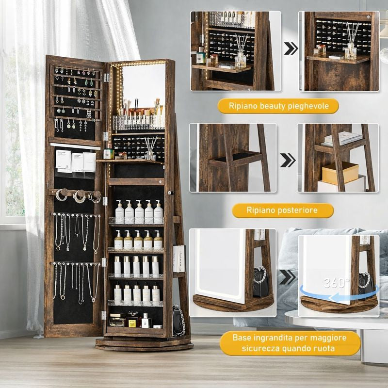 Mobile portagioie da terra con specchio LED, organizer girevole 360°😍