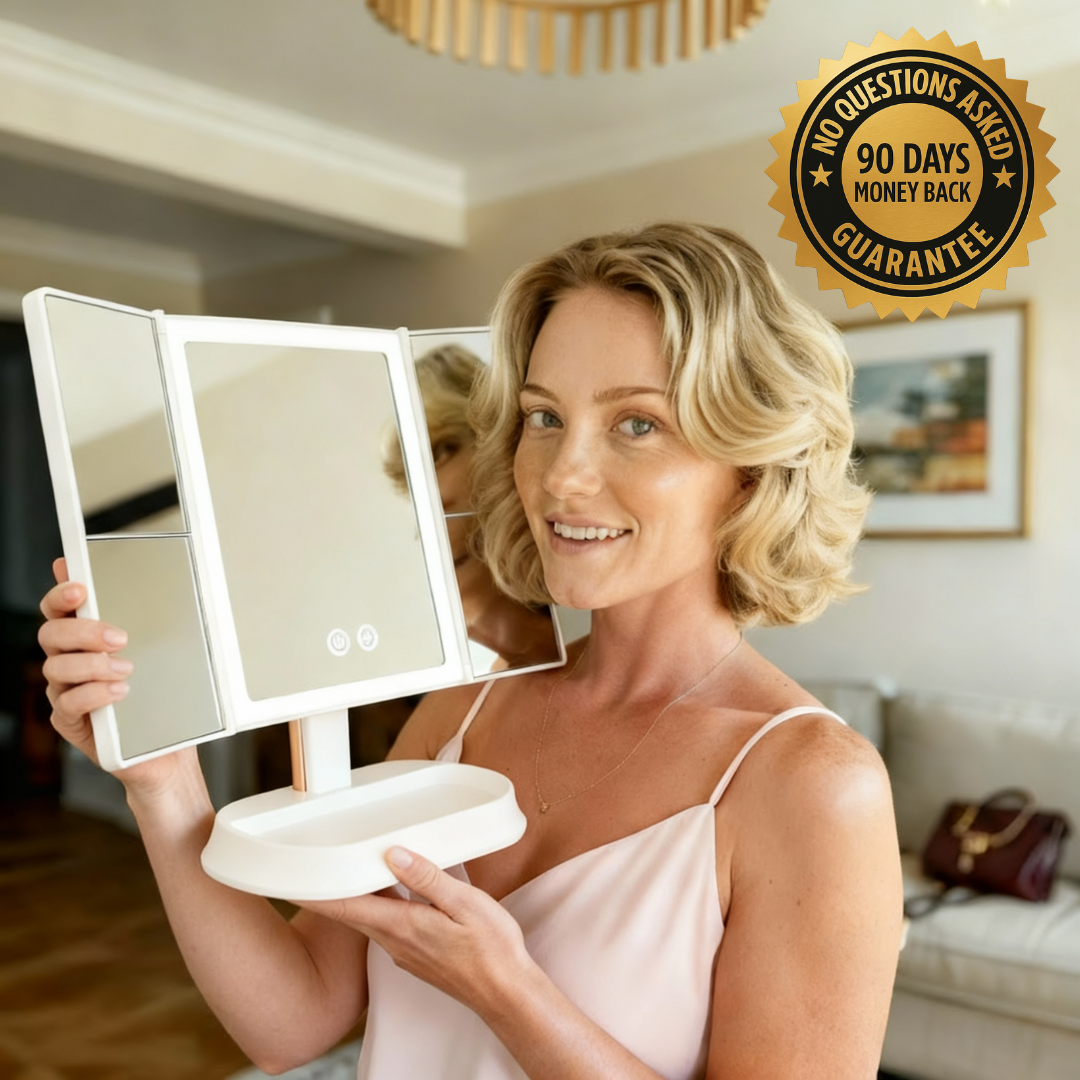 Specchio cosmetico LED pieghevole in tre parti