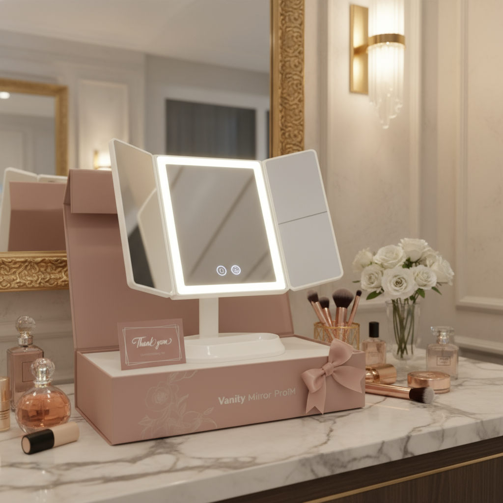 Specchio cosmetico LED pieghevole in tre parti