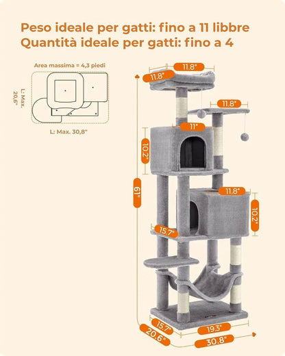 Albero per gatti Feandrea 154 cm - Torre di arrampicata in peluche con 5 tiragraffi, 2 piattaforme