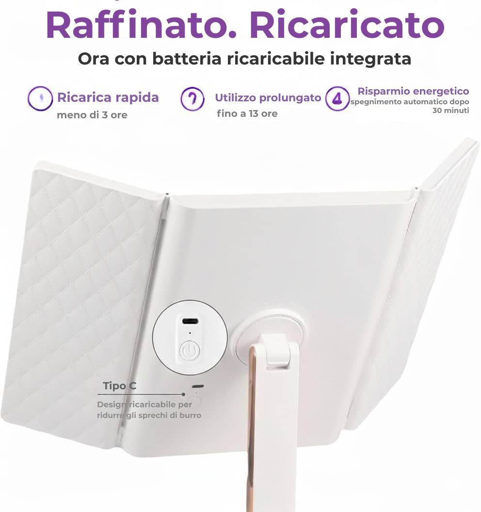 Specchio cosmetico LED pieghevole in tre parti