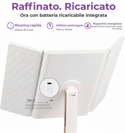 Specchio cosmetico LED pieghevole in tre parti