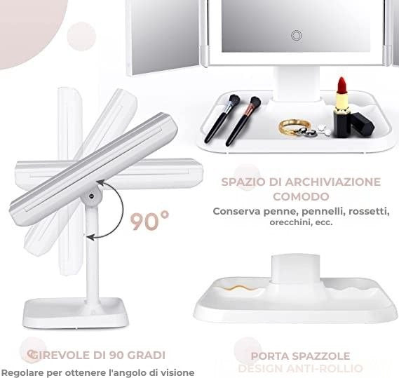 Specchio cosmetico LED pieghevole in tre parti