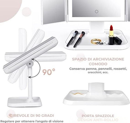 Specchio cosmetico LED pieghevole in tre parti