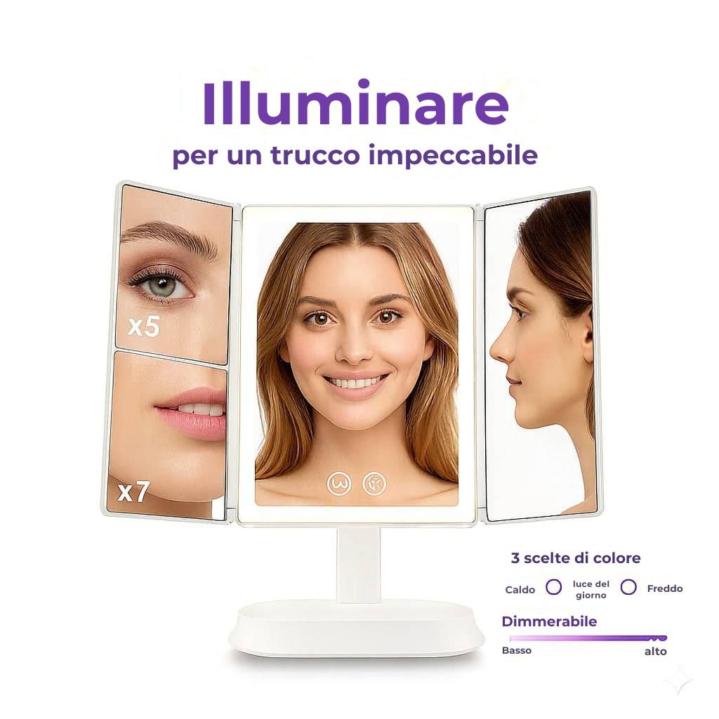 Specchio cosmetico LED pieghevole in tre parti