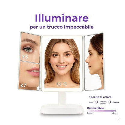 Specchio cosmetico LED pieghevole in tre parti