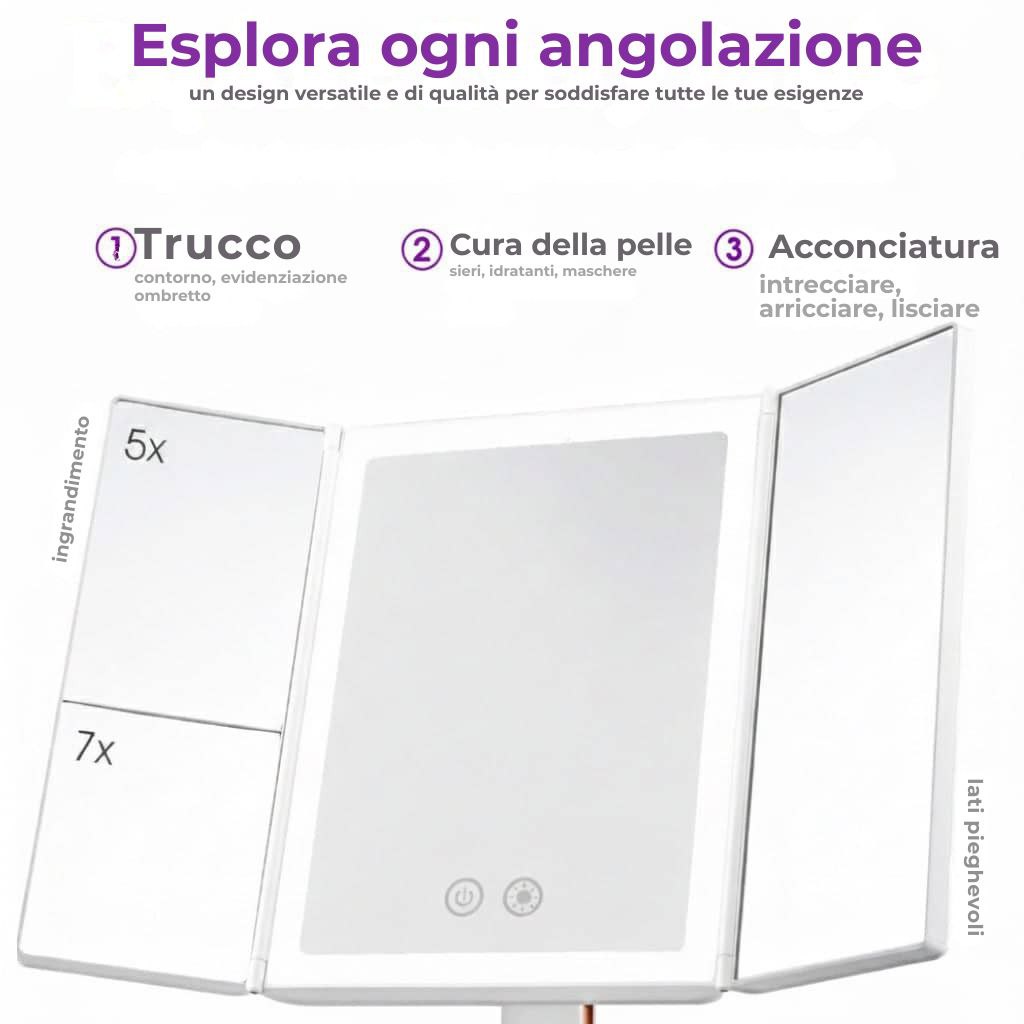 Specchio cosmetico LED pieghevole in tre parti