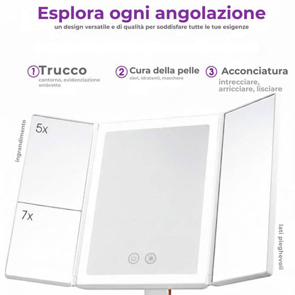Specchio cosmetico LED pieghevole in tre parti