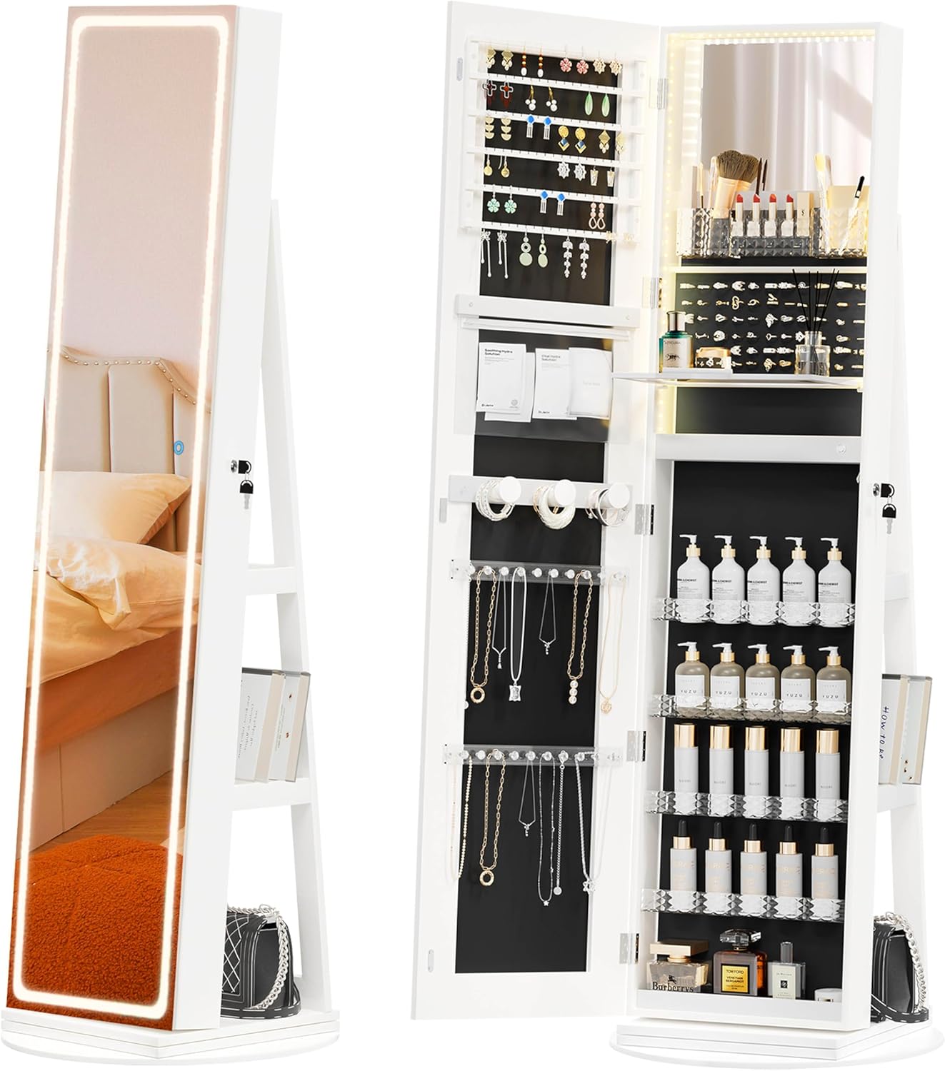 Mobile portagioie da terra con specchio LED, organizer girevole 360°😍